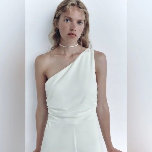 Zara jumpsuit white asymmetric wide leg wedding shower party - Picture 3 of 5